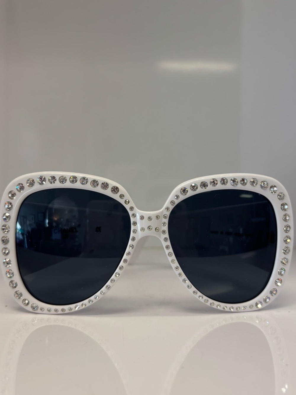 CHANEL white rhinestone-trim Women's Sunglasses